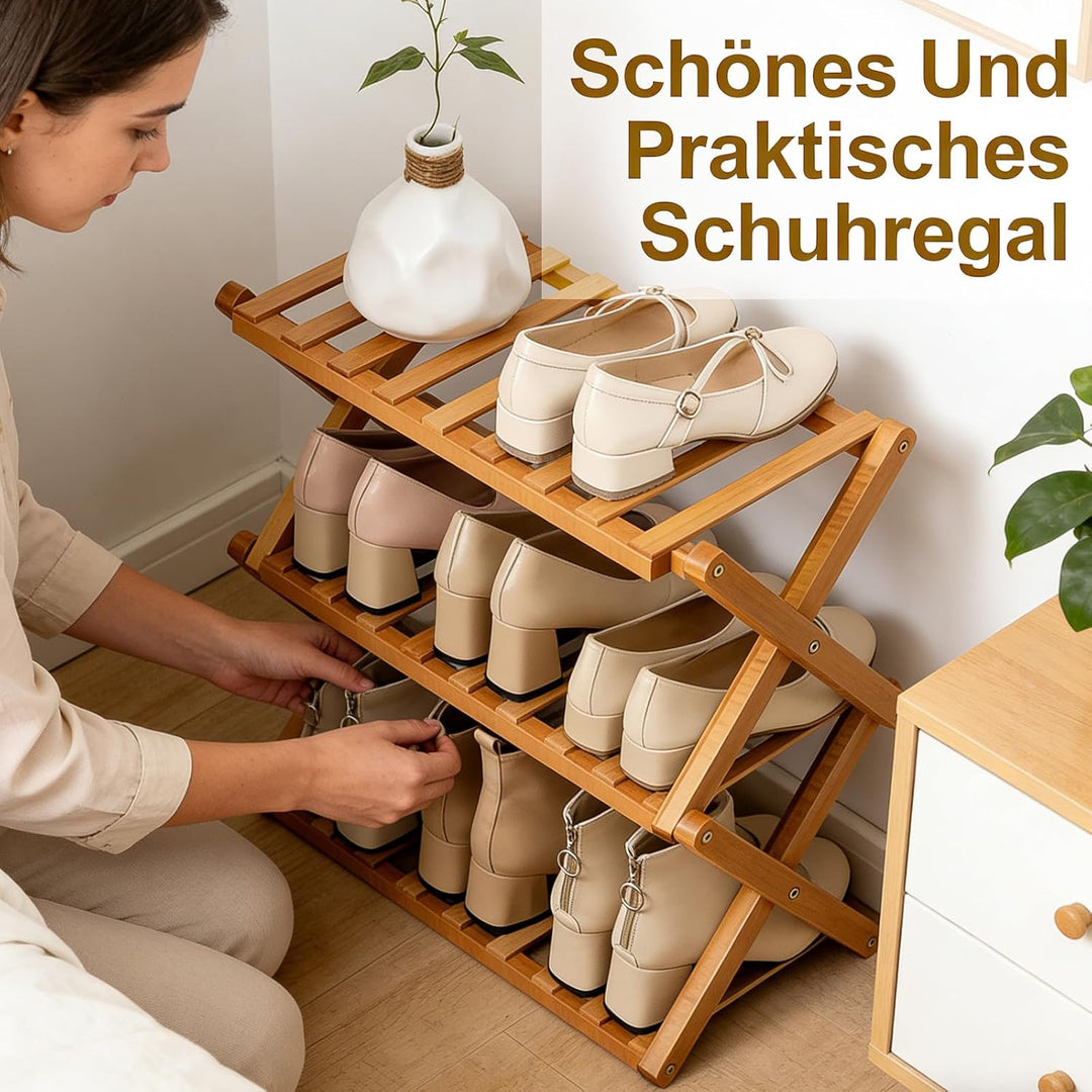 3 Ebenen Faltbares Schuhregal, Schuhregal Platzsparend Holz, Freistehendes Schuhregal für Eingangsbe