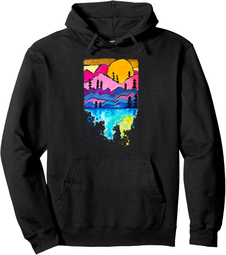 Berge Sonnenuntergang Wald Bäume Malerei Kunst Original Pullover Hoodie