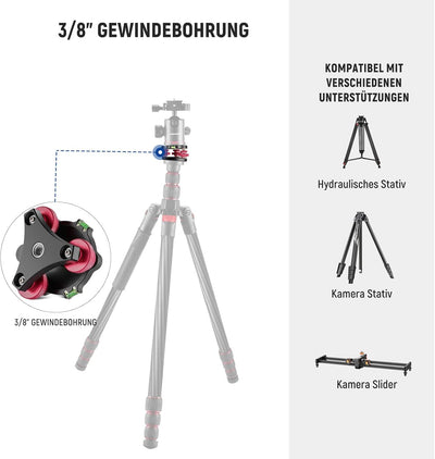 NEEWER Stativkopf Nivelliersockel, Kamera Nivelliergerät, 3 Achsen Dreiradkopf aus Flugzeugaluminium