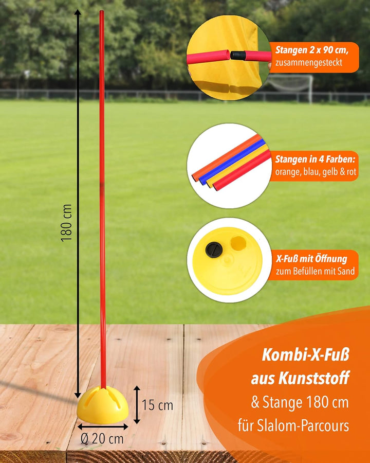 Kombi-X-Standfuss aus Kunststoff & Slalomstange 180 cm – 4er Set – befüllbarer Standfuss – Stange fü