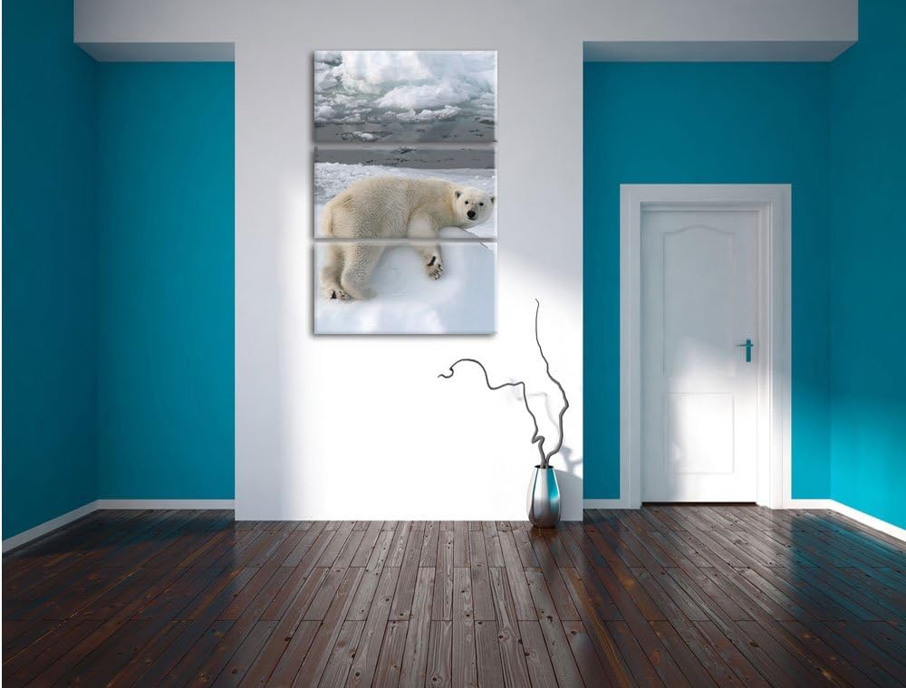 Pixxprint Eisbär auf Eisberg / 3-Teilig/Gesamtmass 120cm Leinwandbild bespannt auf Holzrahmen/Wandbi