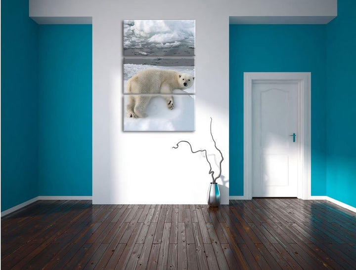 Pixxprint Eisbär auf Eisberg / 3-Teilig/Gesamtmass 120cm Leinwandbild bespannt auf Holzrahmen/Wandbi