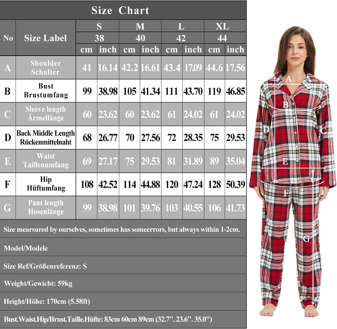 Mnemo Home Damen Schlafanzug Lang Flanell Pyjama Damen 100% Baumwolle aus Flanell Rot-weiss und Schw