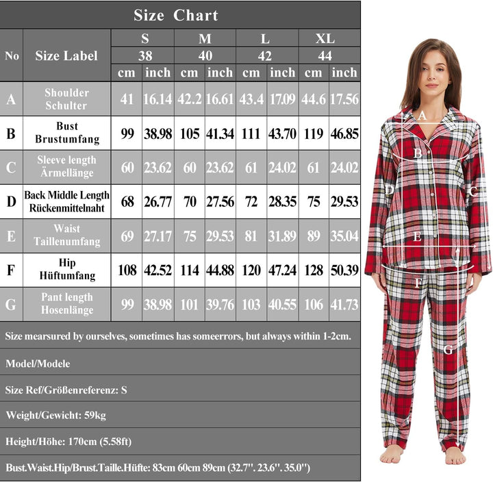 Mnemo Home Damen Schlafanzug Lang Flanell Pyjama Damen 100% Baumwolle aus Flanell Rot-weiss und Schw
