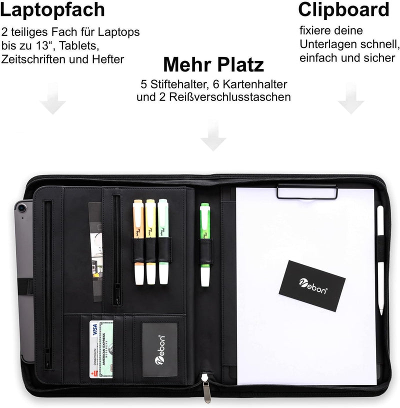 Vebon® Schreibmappe A4 gross New York I Veganes Leder, Reissverschluss + Klemmbrett I Konferenzmappe