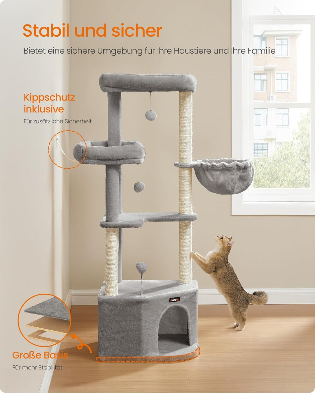 Feandrea Kratzbaum, Katzenbaum, 48,5 x 48,5 x 140,7 cm, Katzenkratzbaum mit grosser Kuschelhöhle, gr