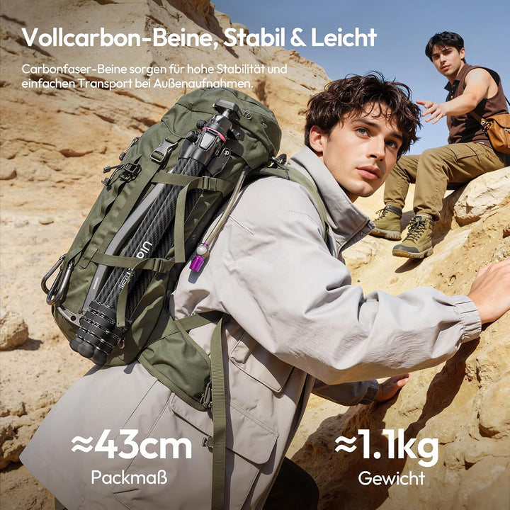 ULANZI TZ01 Carbon Stativ Kamera 160cm, Abnehmbare Mittelachse als Mini Stativ, 360° Kugelkopf mit H
