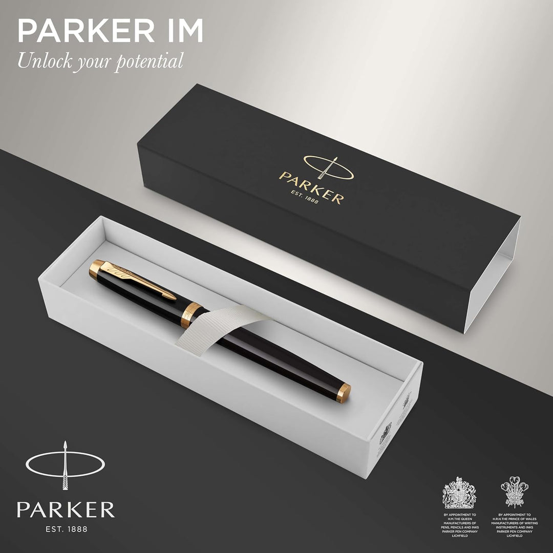 Parker IM Füller | schwarze Lackierung mit Goldzierteilen | Füllfederhalter mit feiner Feder | blaue