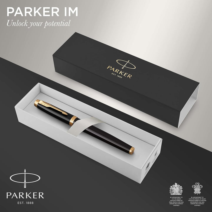 Parker IM Füller | schwarze Lackierung mit Goldzierteilen | Füllfederhalter mit feiner Feder | blaue