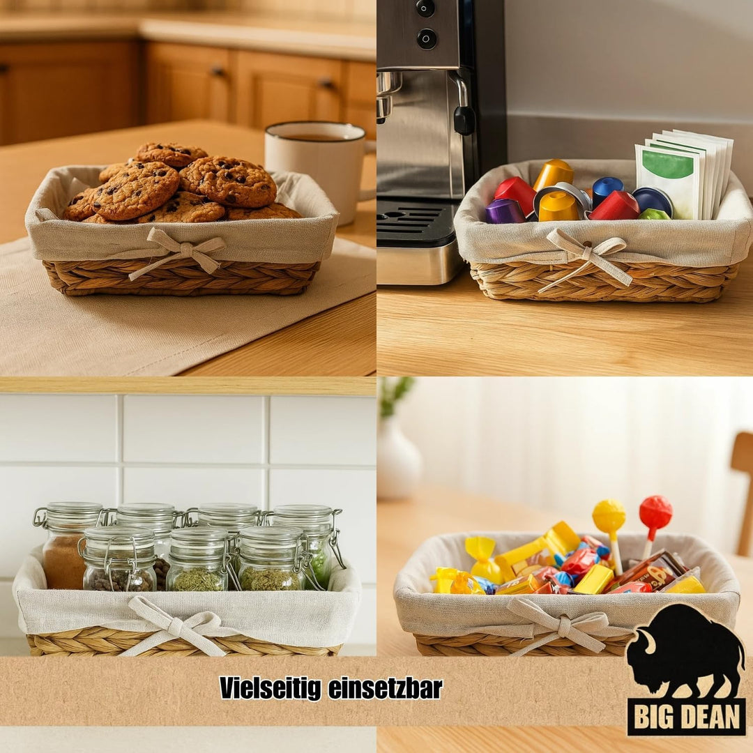 BigDean 3er Set Brötchenkorb Brotkörbchen Brotkorb modern geflochten aus Seegras mit Leinentuch