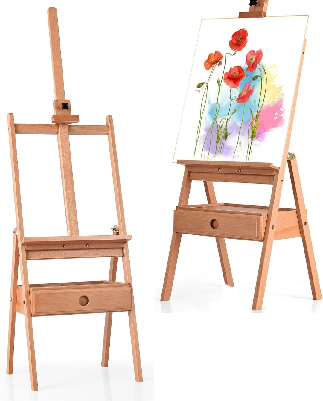 COSTWAY Staffelei Holz gross, 194,5 cm Leinwand Ständer mit Ablage und Schublade, Holzstaffelei höhe