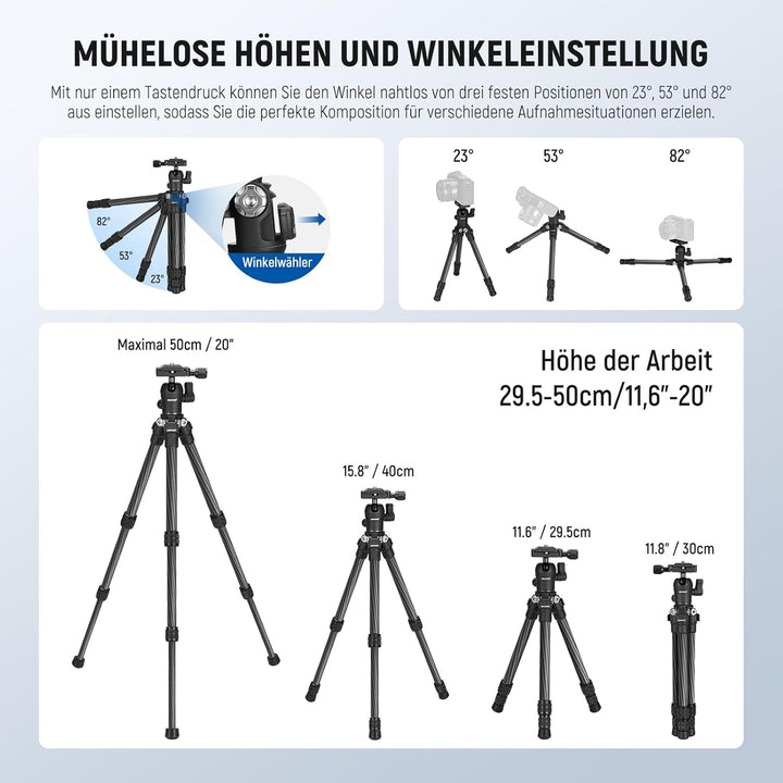 NEEWER TP09 Carbon Fiber Mini Stativ, 20“ Tischstativ mit 360° Kugelkopf, Telefonhalter, Fernbedienu