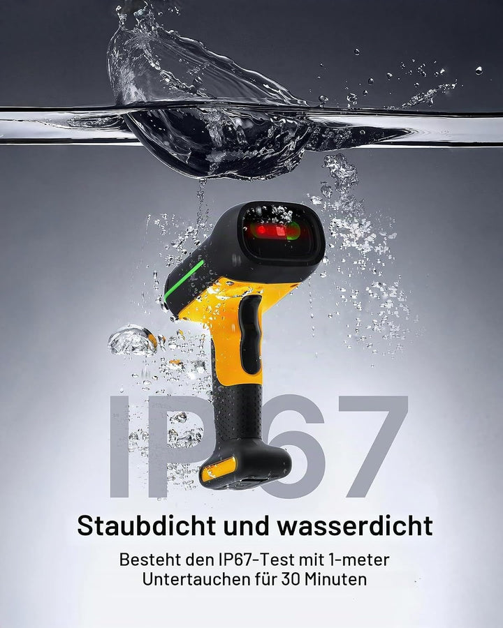 Inateck RFID Barcode Scanner Kabellos, 2D QR Code Scanner Industrial mit Ladestation, IP67 wasserdic
