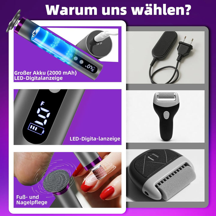 2 in 1 Elektrischer Hornhautentferner Fuss &amp; Hände - Wiederaufladbar | mit 20 Sandpapier-Aufsätzen,