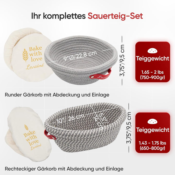 Gärkörbchen & Gärkorb Set Oval und Rund aus Baumwollseil – Banneton Brotbackkorb mit Einlagen und Ab