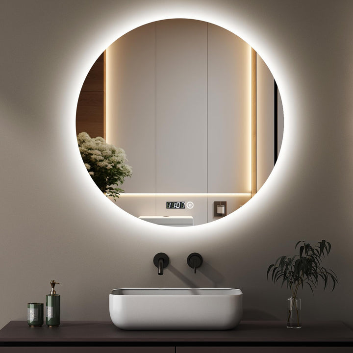 Boromal LED Badspiegel mit Uhr und Beleuchtung 60cm Rund Badezimmerspiegel 3 Lichtfarbe Dimmbar 3000