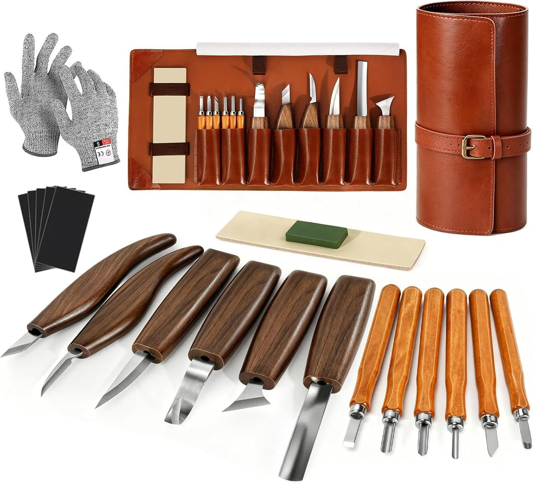 Schnitzwerkzeug Set, 17 PCS Holzschnitzwerkzeuge mit Handschuhe, Aufbewahrungstasche und Anspitzer,