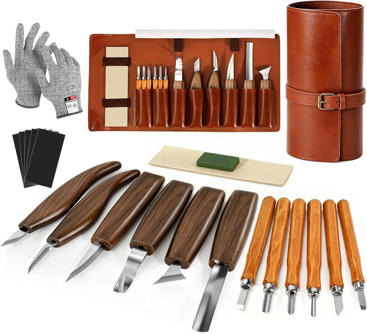 Schnitzwerkzeug Set, 17 PCS Holzschnitzwerkzeuge mit Handschuhe, Aufbewahrungstasche und Anspitzer,