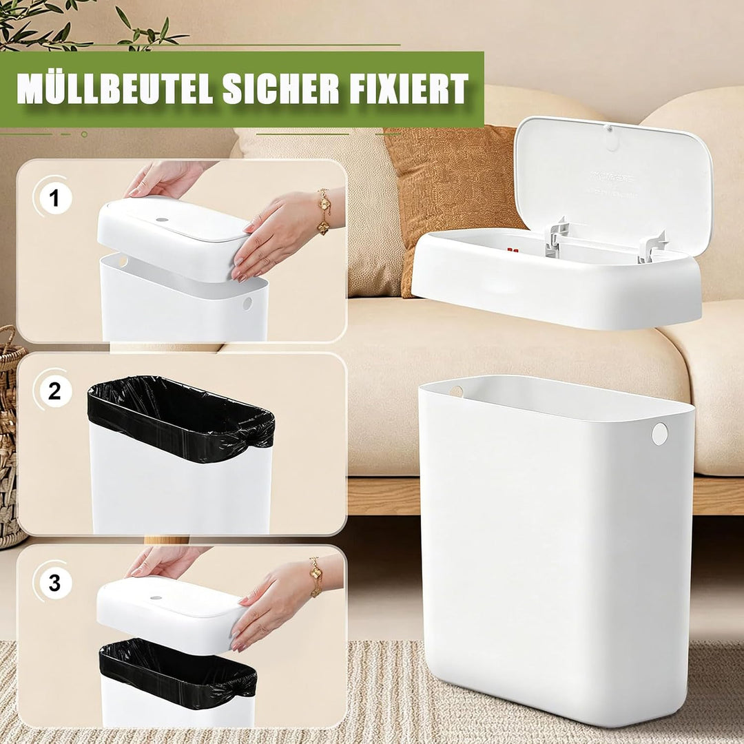 funest Mülleimer Bad mit Deckel, Schmaler Badmülleimer Weiss, Kleiner Mülleimer mit Druckknopf-Decke