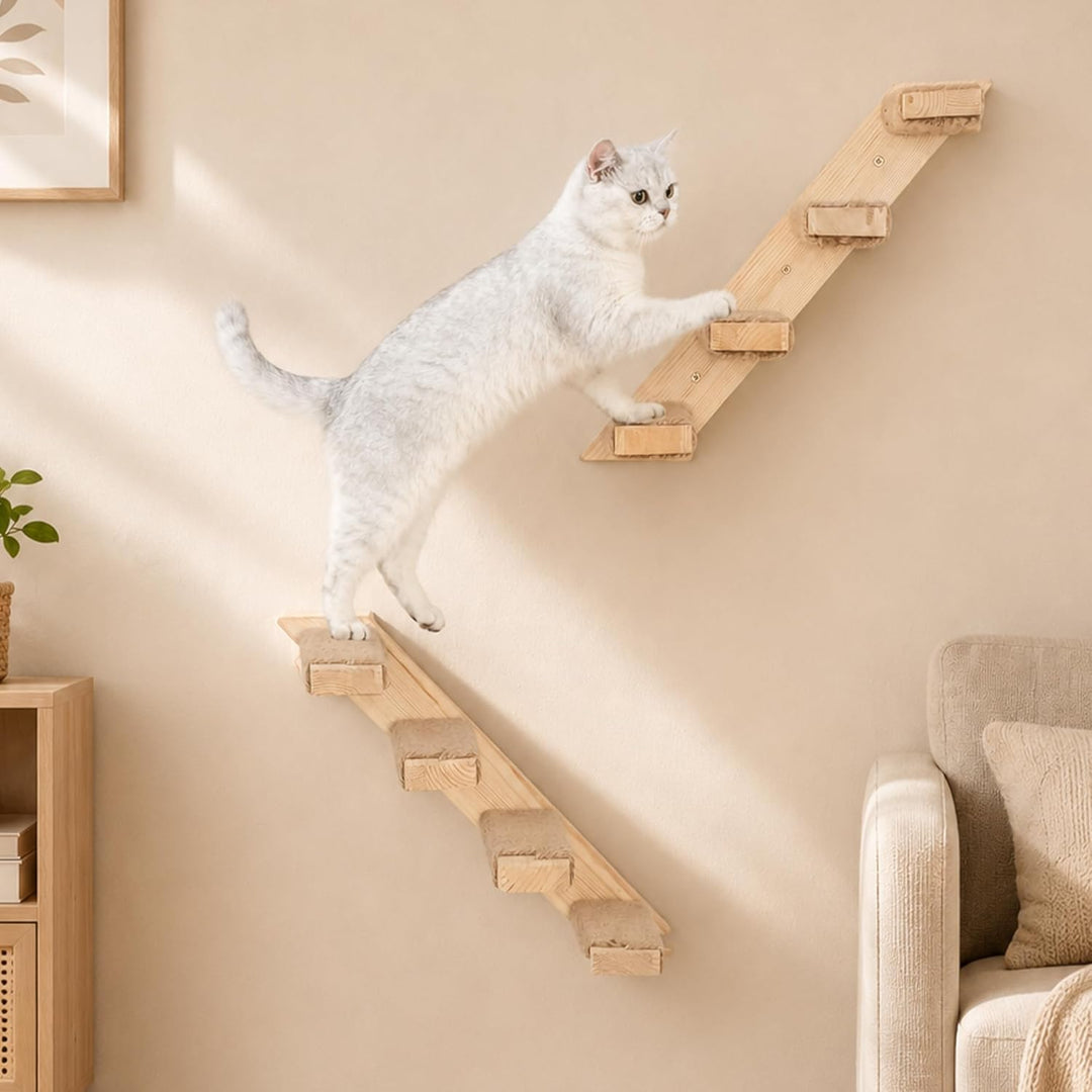 Katzen Kletterwand, Katzentreppe Wand 3er-Set mit 2 Kletterstufen & 2 Schlafplattform, Wandmontierte