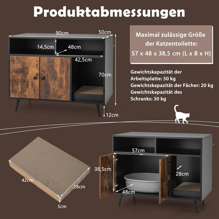COSTWAY Katzenschrank für Katzentoilette, Katzenklo Schrank mit Kratzbrett, Doppeltüren, 2 offenen F