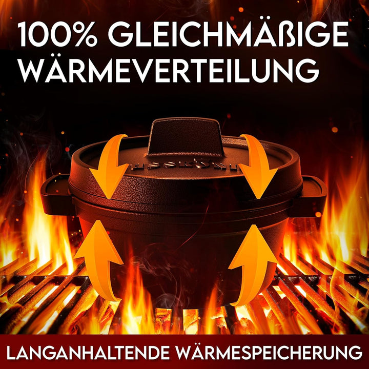Dutch Oven Set Mini mit Holz-Untersetzer – 4x 300 ml Gusseisen Mini Topf mit Deckel–eingebrannter Mi