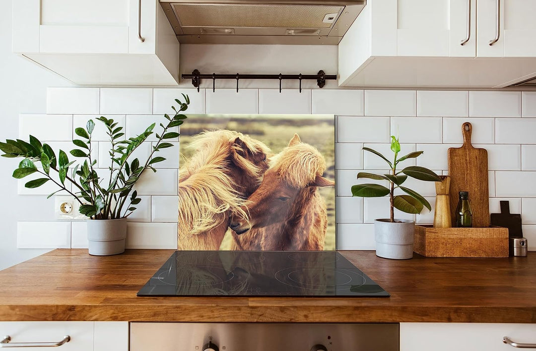 Islandpferde Pony Herdabdeckplatte & Spritzschutz aus Echtglas | Für Herd-Kochfelder | 60x52 cm