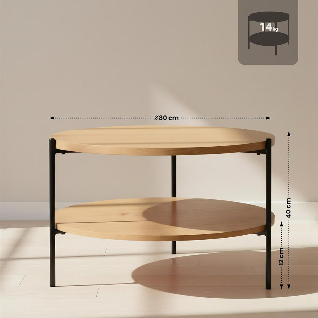 CLP Couchtisch rund Holz Edduma, Sofatisch 2 Ebenen mit Stauraum, Beistelltisch klein Metallgestell