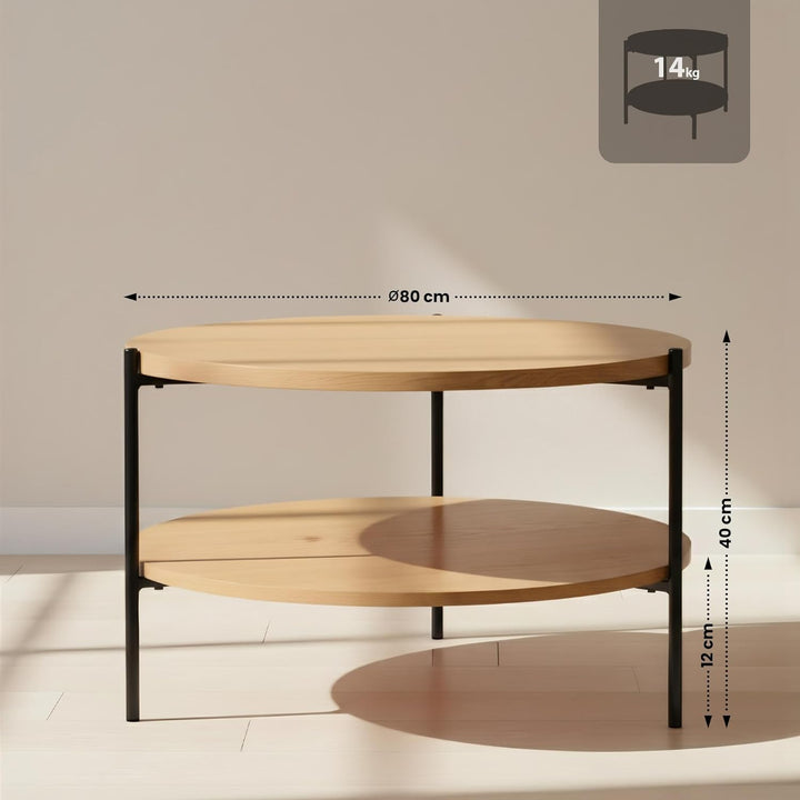 CLP Couchtisch rund Holz Edduma, Sofatisch 2 Ebenen mit Stauraum, Beistelltisch klein Metallgestell