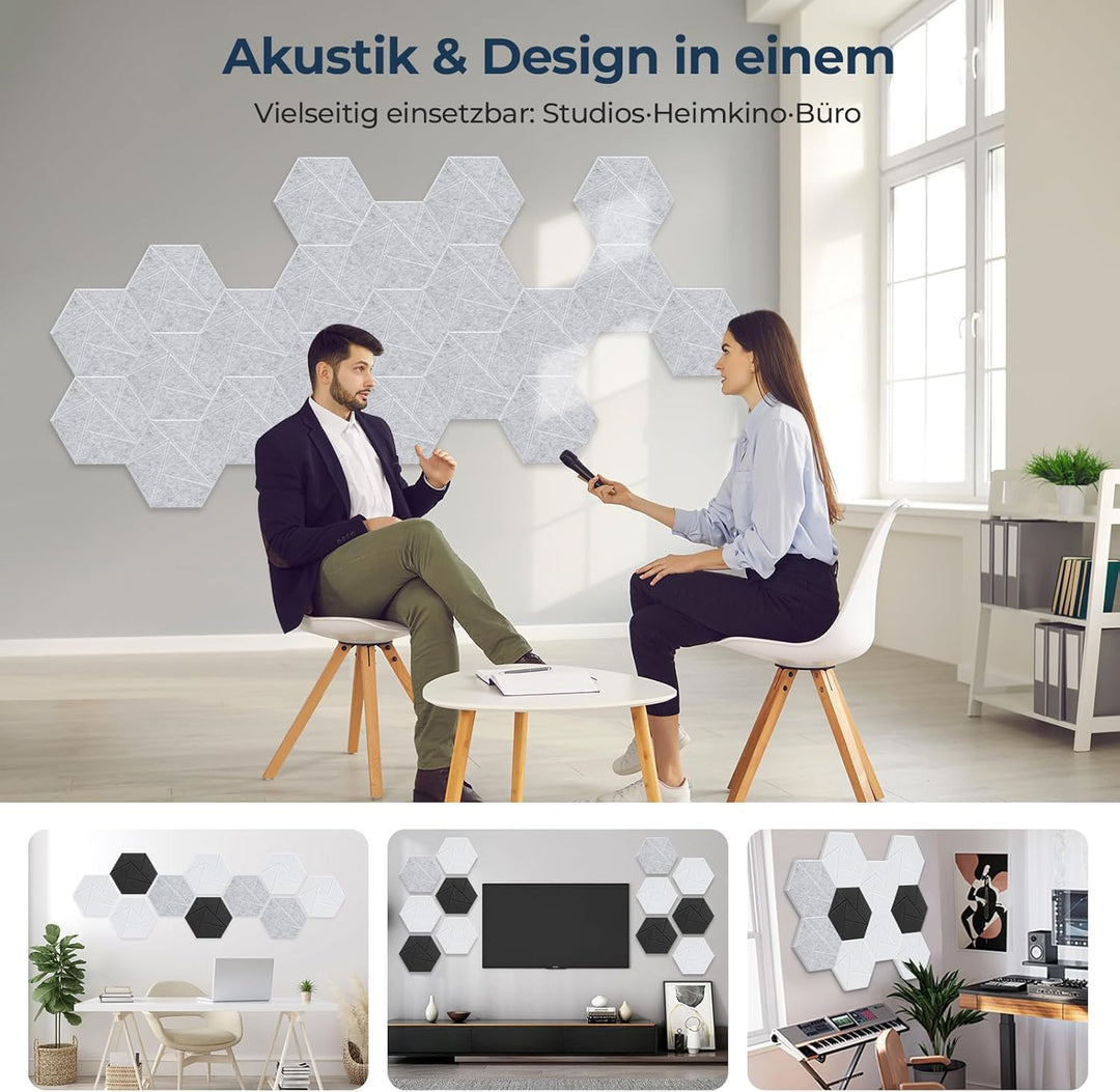 12 Stück Hexagon Akustikplatten Selbstklebend, 30 x 26 x 0,9 cm Hohe Dichte Schallschutzplatten, Aco