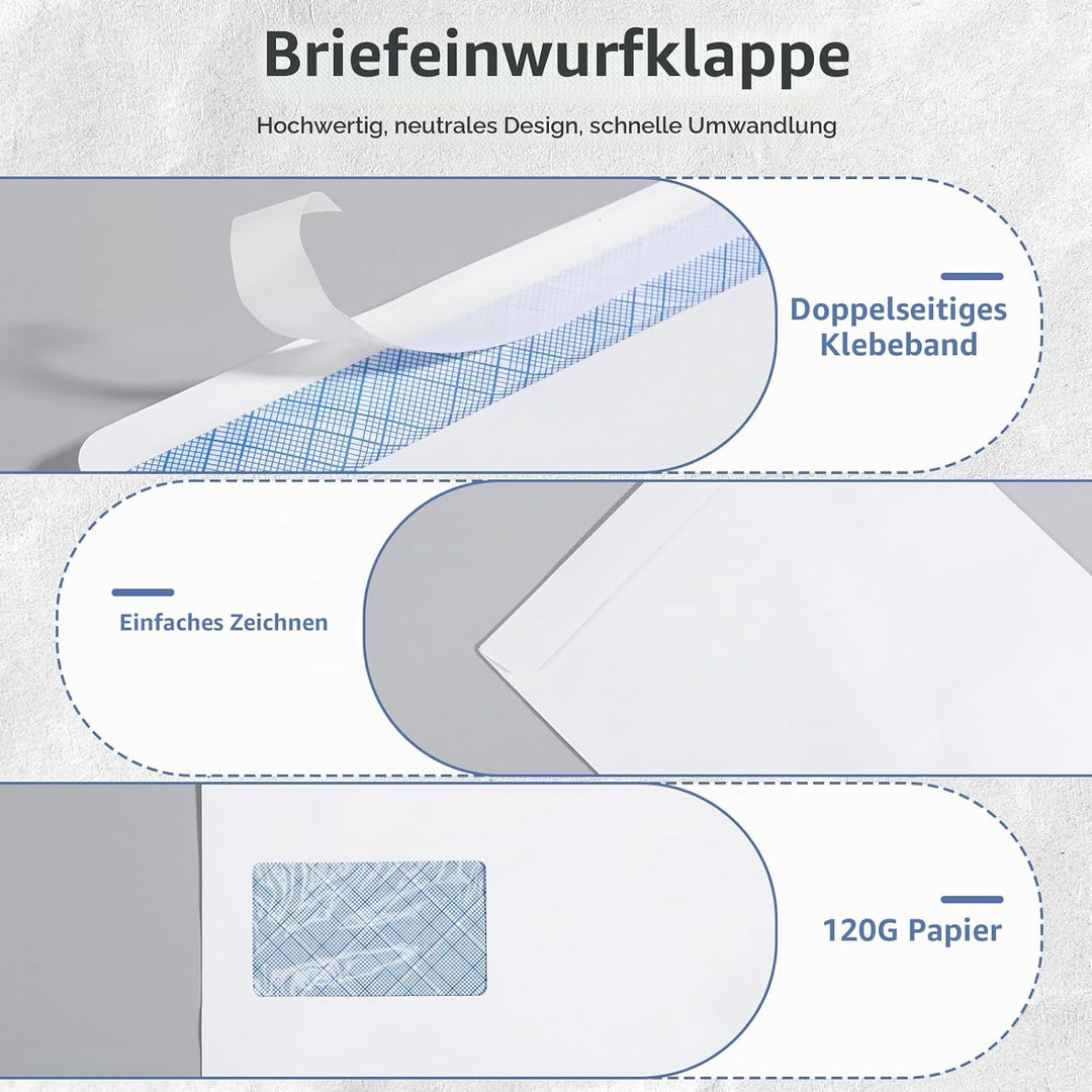 50 Stück Briefumschlag C4 A4 weiss, mit Fenster, selbstklebend, mit Abziehstreifen, Chiffre-Struktur