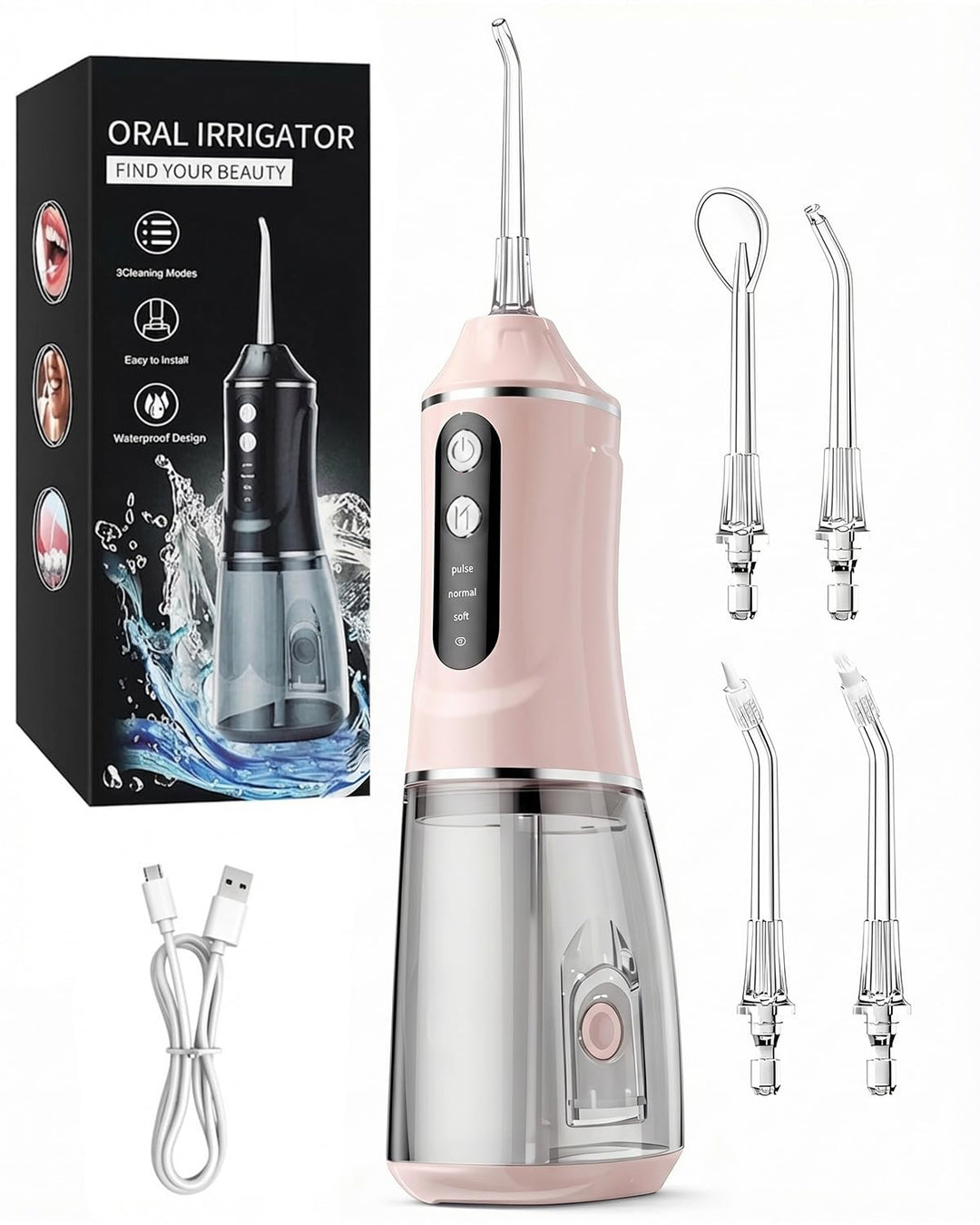 Munddusche Kabellos Elektrisch, 2026 380ml Wassertank, 3 Modi & 4 Düsen, 1600 Wasserstösse/Min, IPX7