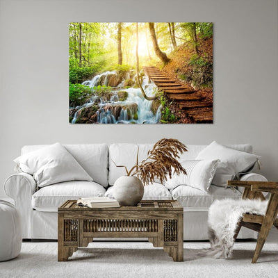 ARTTOR Bilder auf Leinwand 100x70cm Leinwandbild Park Wasserfall Wasser Gross Wanddeko Bild Schlafzi