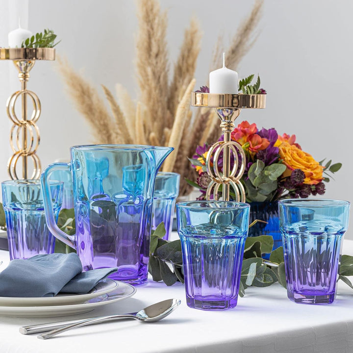 TREND FOR HOME Wasserkaraffe Glas 1 Liter mit Handlichem Griff Bunt Wasserkrug 19 cm Glaskanne Blau