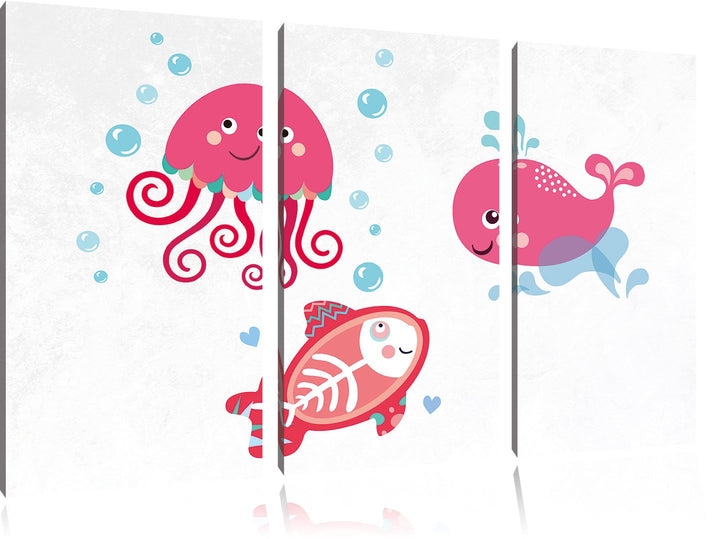 Pixxprint und verspielte Unterwasser Tiere als Leinwandbild/Grösse: 3 Teilig (120x80) cm/Wandbild/Ku