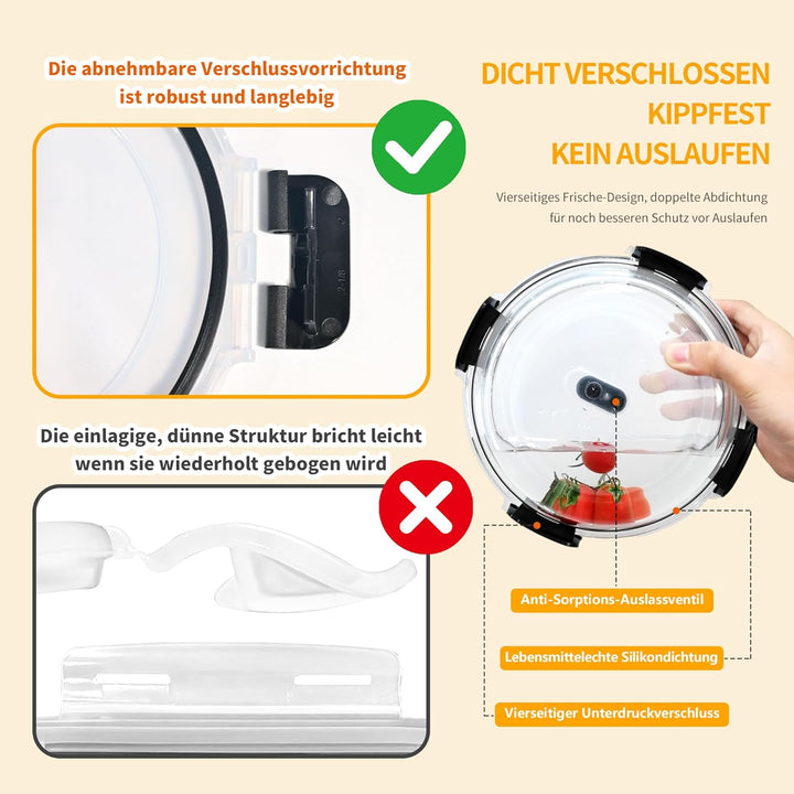1300ml Frischhaltedosen Glas mit Deckel 4er, Rund Meal Prep Boxen Glas mit Deckel, Versiegelter Glas