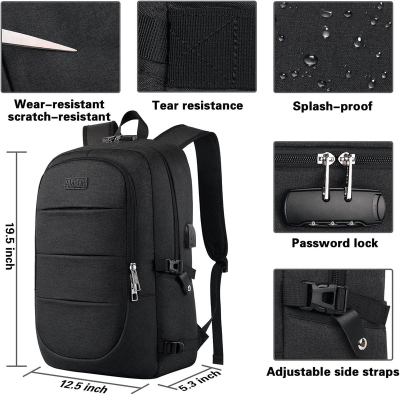 AMBOR Laptop Rucksack Herren, 17,3 Zoll Business Wasserdichter Rucksack Tasche mit USB Port&Schloss