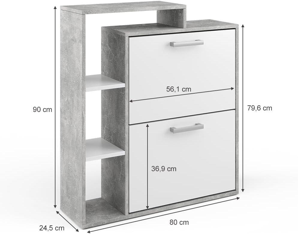 Vicco Schuhkipper Orlando, Schuhregal, Beton, 24.5 x 90 cm Weiss/Beton 2 Fächern, Weiß/Beton 2