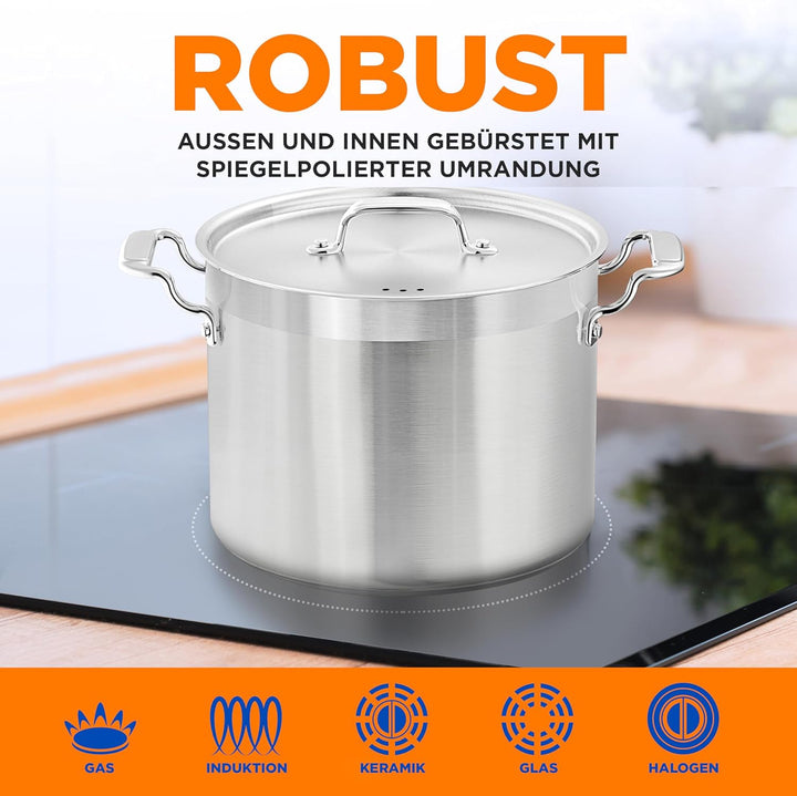 NutriChef Edelstahl Kochtopf 15,1L Induktion – Suppentopf mit Deckel, Profiqualität für Gastronomie