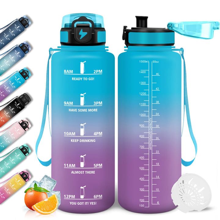 Trinkflasche, 1500ml Auslaufsicher mit Zeitmarkierung, Wasserflasche, Motivierende & mit Filter, Tri