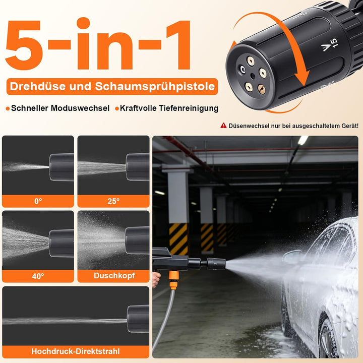 Akku Hochdruckreiniger, 12V 60Bar Mobile Akku-Hochdruckreiniger, 5-in-1-Multifunktionsdüse, Tragbare