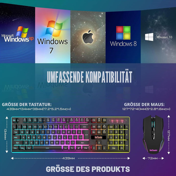 RedThunder K10 Tastatur und Maus kabellos, AZERTY FRANZAIS, Schwarz