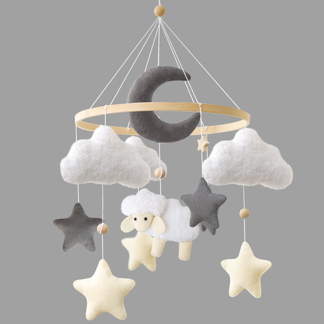 Schaf Mobile Baby Hölz Babybett Süsses Lämmchen Mobile Baby Windspiel mit Filzbällen Wolke und Stern
