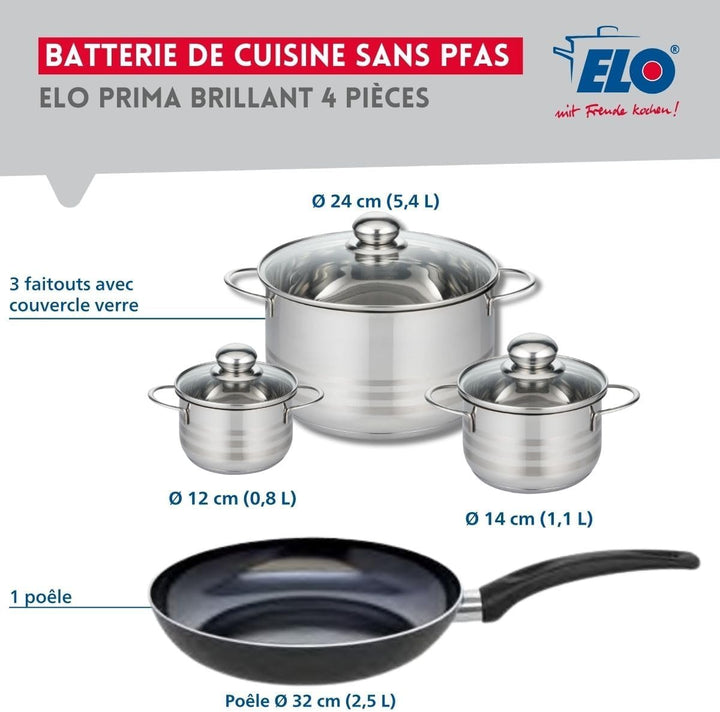 ELO 9720350 Kochgeschirr-Set, 4-teilig, 1 Bratpfanne 32 cm und 3 Kochtöpfe 12, 14 und 24 cm, Elo Pri