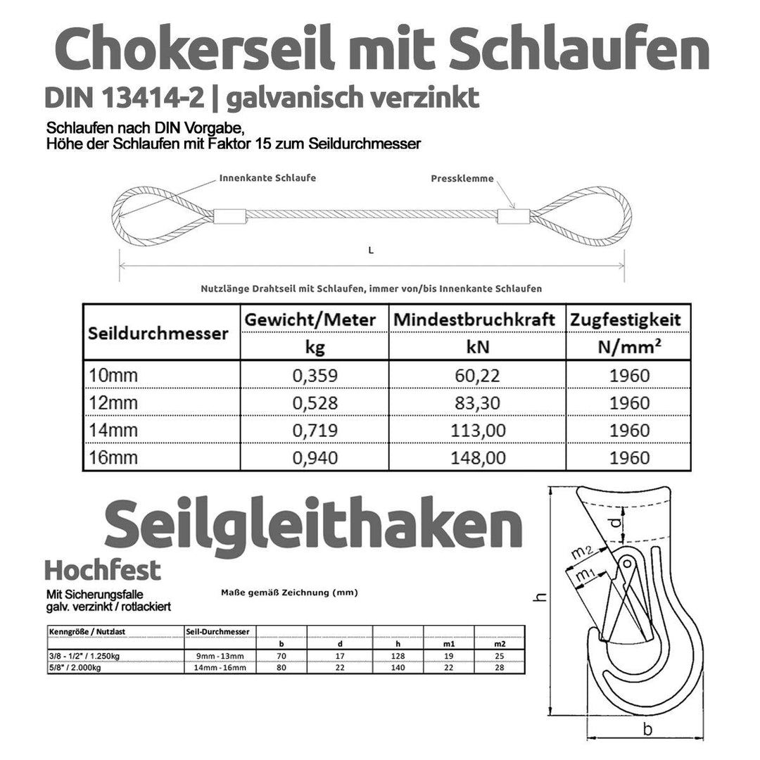 Drahtseile24 Chokerseil mit Schlaufen, Rückeseil – Forstseil mit Gleithaken | 10mm – 16mm | 0,5m – 5