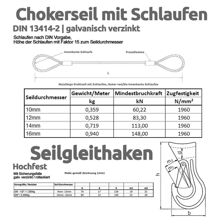 Drahtseile24 Chokerseil mit Schlaufen, Rückeseil – Forstseil mit Gleithaken | 10mm – 16mm | 0,5m – 5