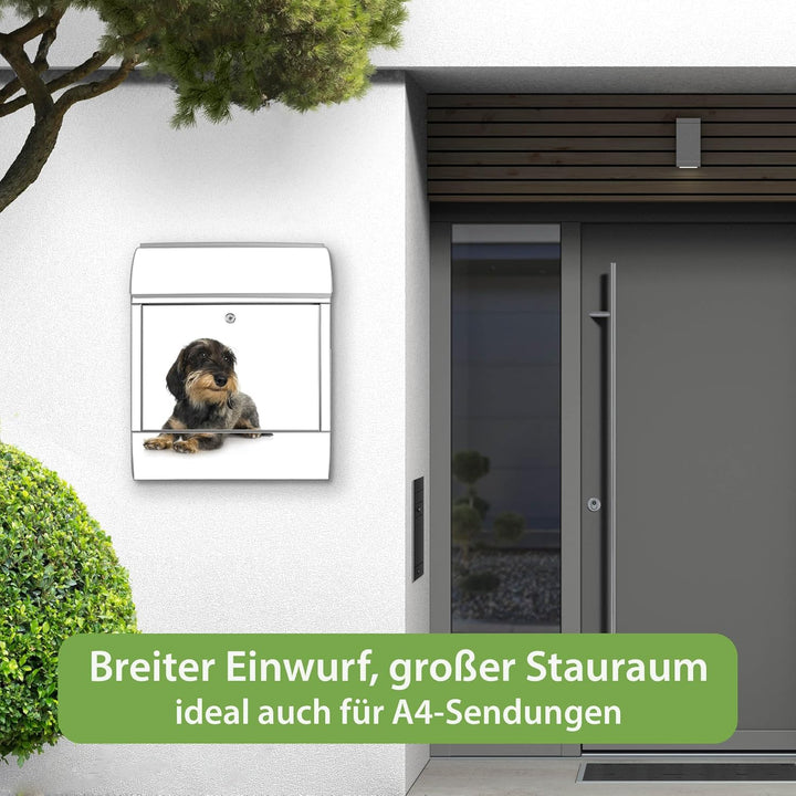 banjado® Design Briefkasten mit Motiv Dackel 39x47x14cm &amp; 2 Schlüssel - Briefkasten Stahl Silber mit
