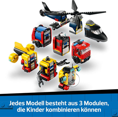 LEGO City Kombinationsset mit Hubschrauber, Löschauto und U-Boot und 3 Minifiguren - Baubare Spielze