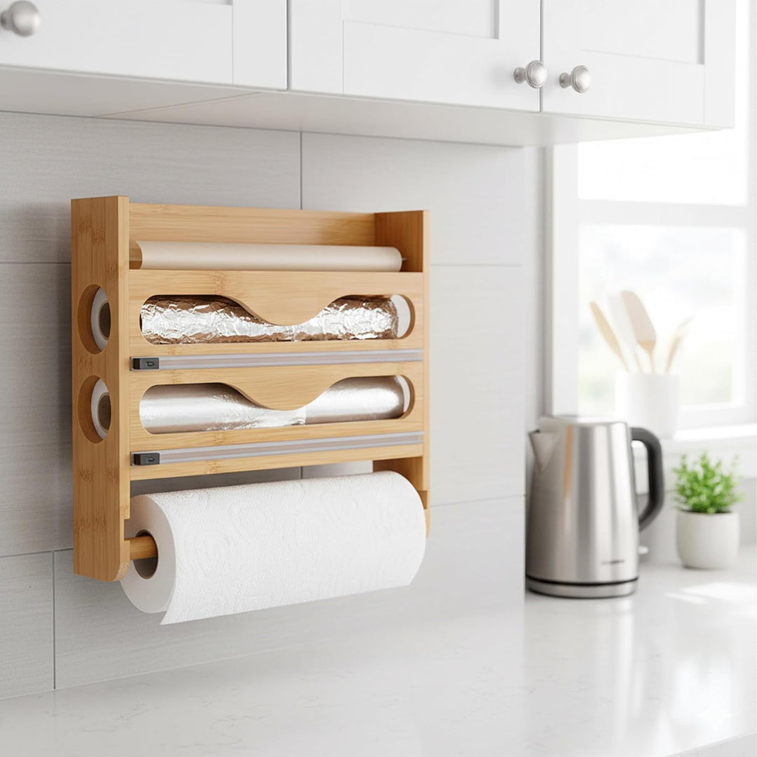 Relaxdays Wandrollenhalter 3 in 1, für Küchenrolle, Alufolie, Frischhaltefolie, Bambus, HxBxT: 27 x