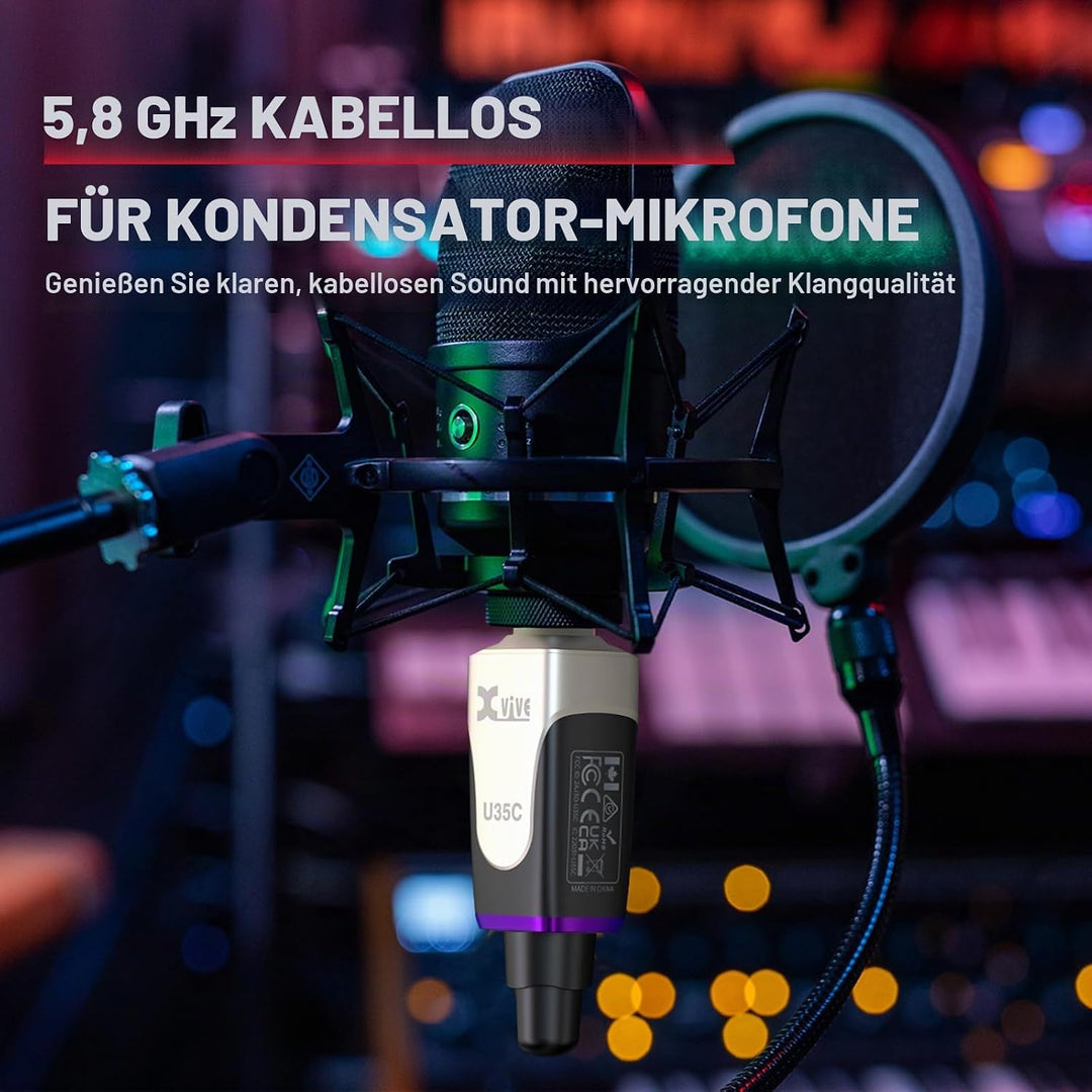 Xvive U35C XLR Plug-on-Funksystem für Kondensator Mikrofone mit 48V/12V Phantomspeisung (5,8 GHz), U